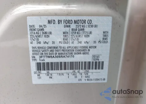 2025 Ford Maverick Xl из США, поврежденный, VIN 3FTTW8A30SRA74170